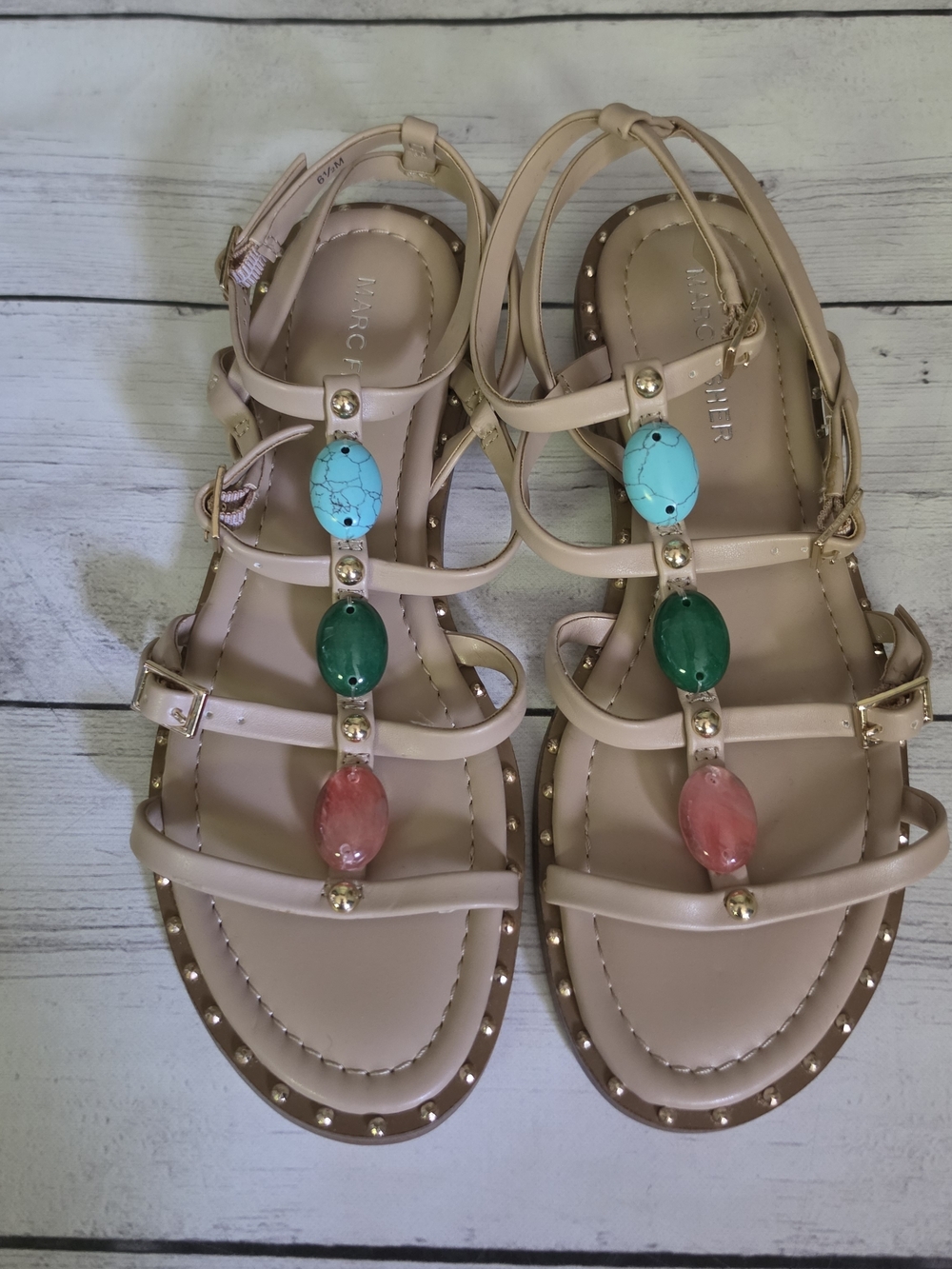 NWT -no box Marc Fisher Yessah Almond Toe Strappy Gemstone Flat Sandals 6.5